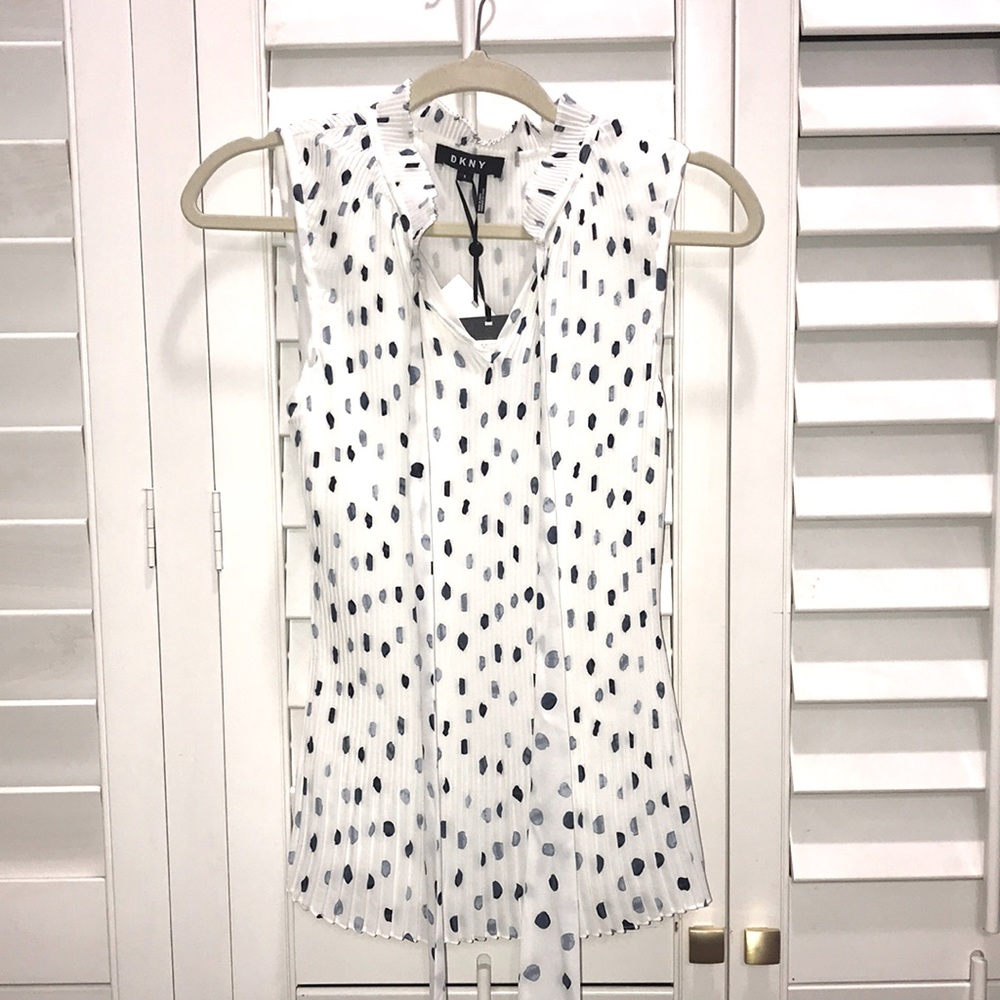 DKNY True Blue Sleeveless Pleated Tie Mock Neck Top